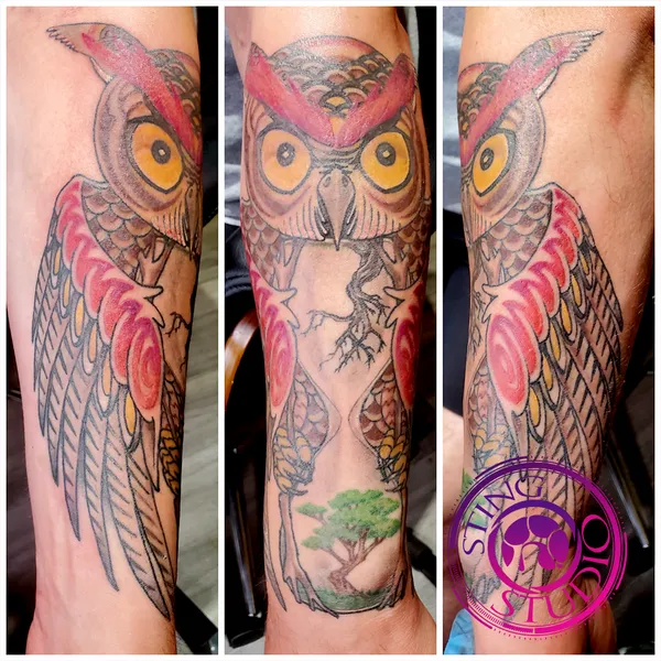 Owl hourglass tattoo by Derrick at Sting Studio Ottawa