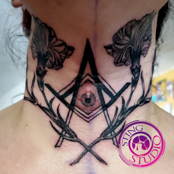 Neck eye mason tattoo by Derrick at Sting Studio Ottawa