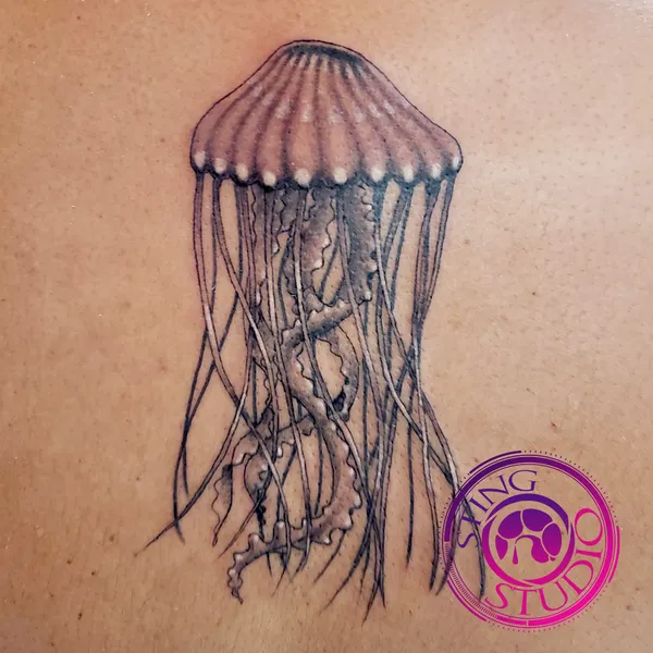 Fineline jellyfish tattoo by Derrick at Sting Studio Ottawa