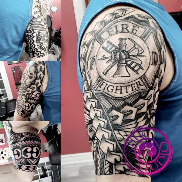Firefighter badge blackwork sleeve tattoo – Sting Studio Ottawa