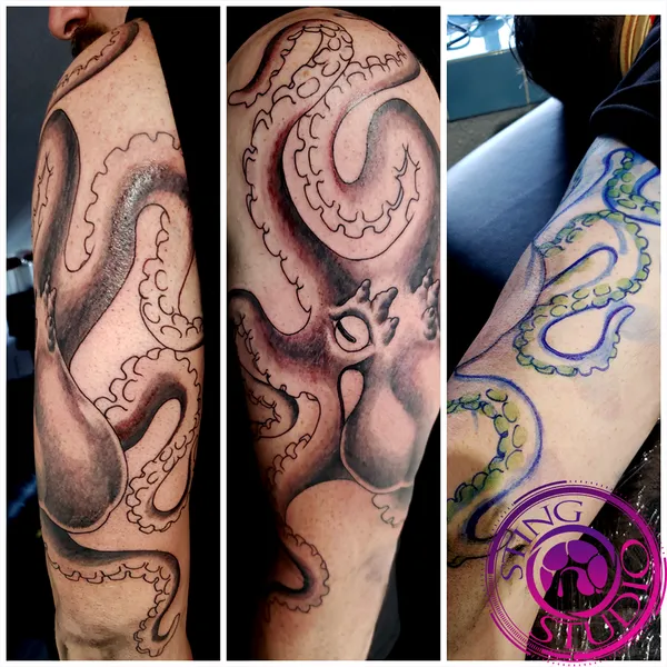 Freehand squid tattoo by Derrick at Sting Studio Ottawa