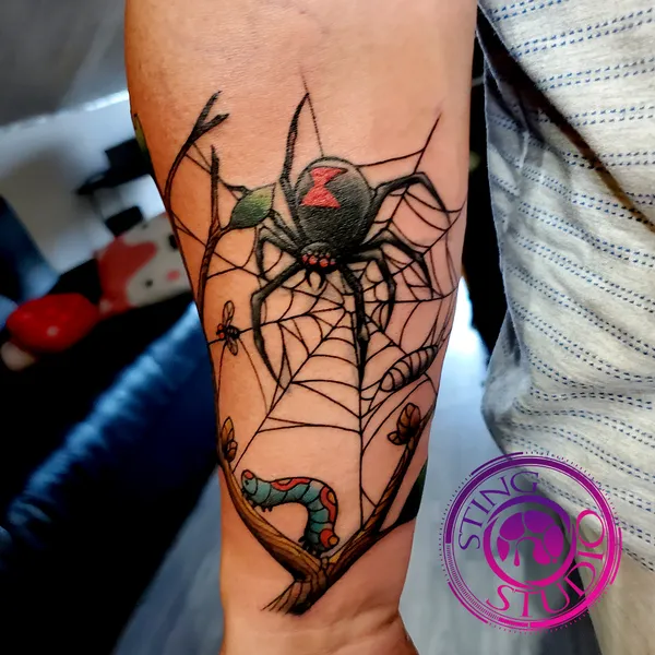 Spider and caerpillar tattoo by Derrick at Sting Studio Ottawa