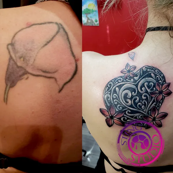 Heart locket coverup tattoo by Derrick at Sting Studio Ottawa