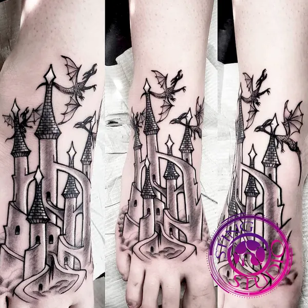 Castle in the sky with dragons tattoo by Derrick at Sting Studio Ottawa