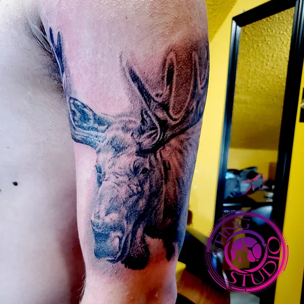 Moose tattoo by Derrick at Sting Studio Ottawa