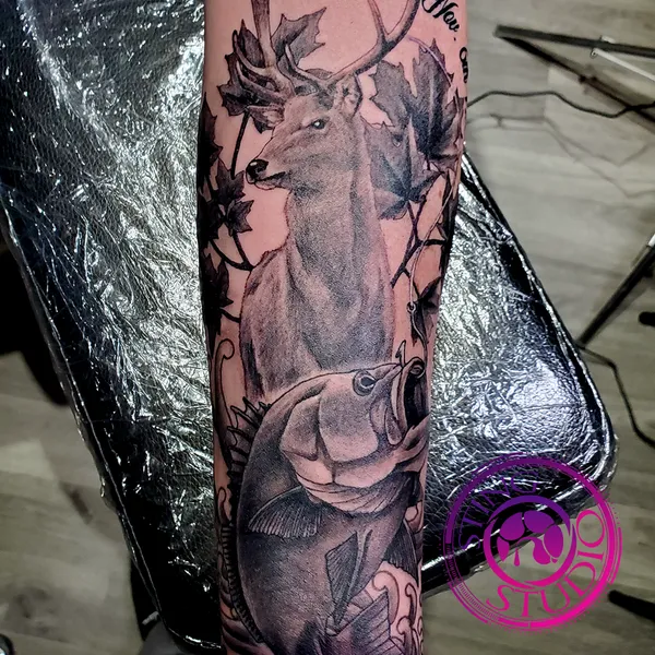 Buck bass tattoo by Derrick at Sting Studio Ottawa