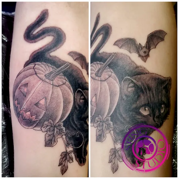 Black cat pumpkin tattoo by Derrick at Sting Studio Ottawa
