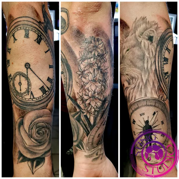 Clock compass lion flowers tattoo by Derrick at Sting Studio Ottawa
