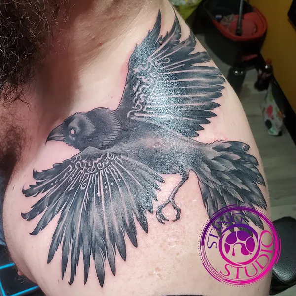 Viking crow tattoo by Derrick at Sting Studio Ottawa