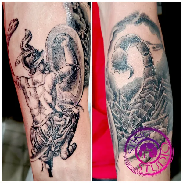 Scorpion and warrior tattoo by Derrick at Sting Studio Ottawa