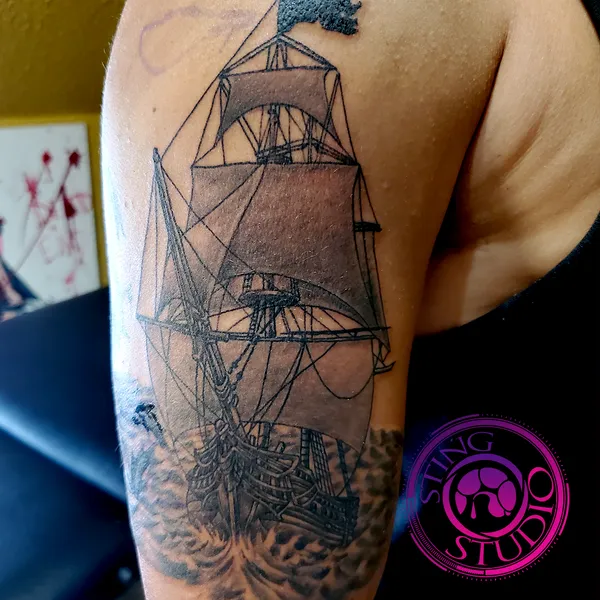 Pirate ship tattoo by Derrick at Sting Studio Ottawa