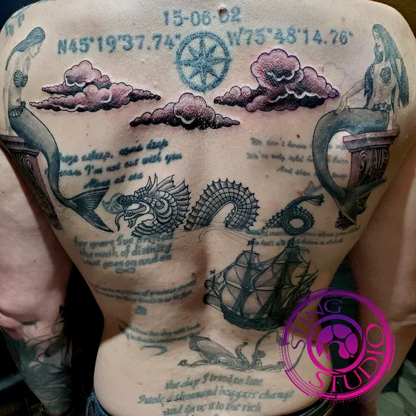 Nautical map back tattoo by Derrick at Sting Studio Ottawa