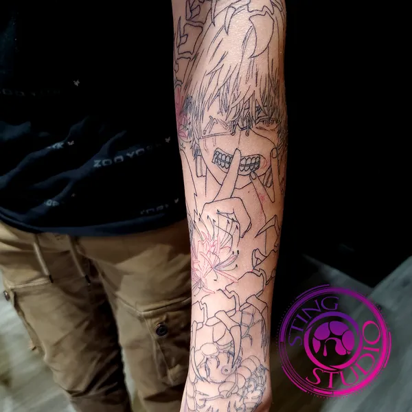 Tokyo ghoul sleeve linework tattoo by Derrick at Sting Studio Ottawa