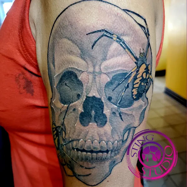 Skull and spiders tattoo by Derrick at Sting Studio Ottawa
