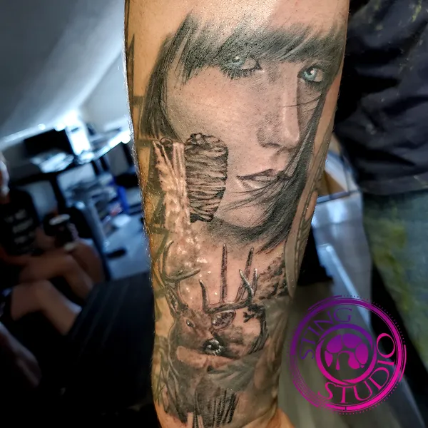 Girl face waterfall tattoo by Derrick at Sting Studio Ottawa