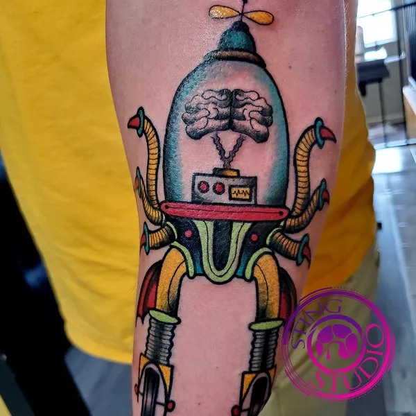 Robot brain tattoo by Derrick at Sting Studio Ottawa