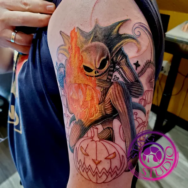 Jack skellington tattoo incomplete by Derrick at Sting Studio Ottawa