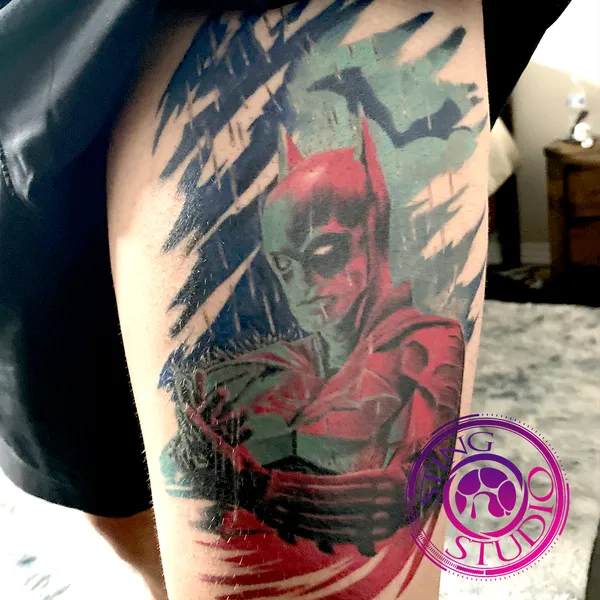 Batman thigh tattoo by Derrick at Sting Studio Ottawa