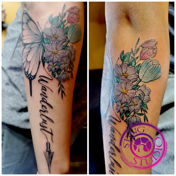 Wanderlust blooming butterfly tattoo by Derrick at Sting Studio Ottawa