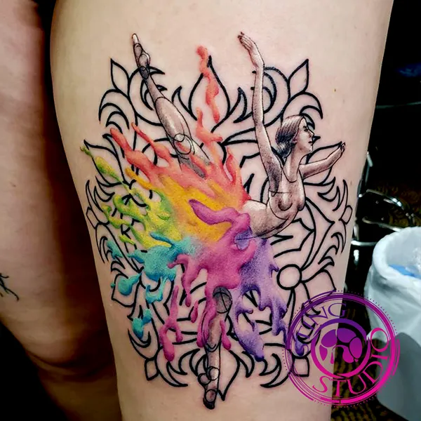 Ballerina watercolor mandala tattoo by Derrick at Sting Studio Ottawa
