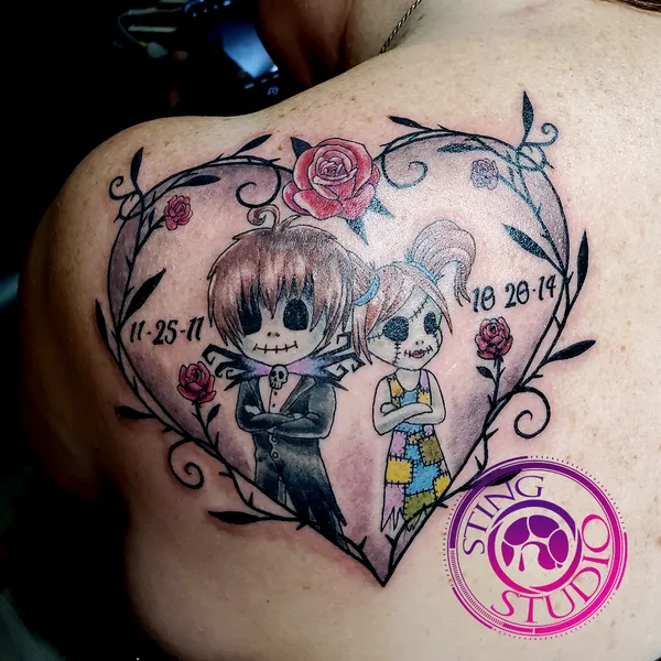 Baby skellington memorial tattoo by Derrick at Sting Studio Ottawa