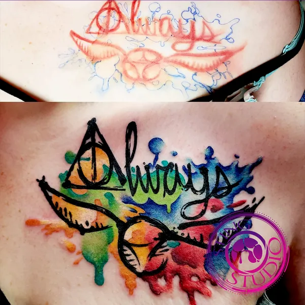 Always harry potter watercolor tattoo by Derrick at Sting Studio Ottawa