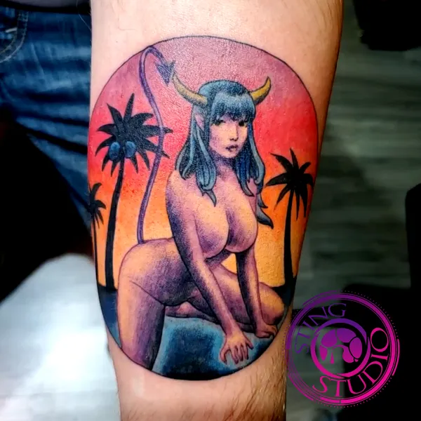 Devil girl tattoo by Derrick at Sting Studio Ottawa
