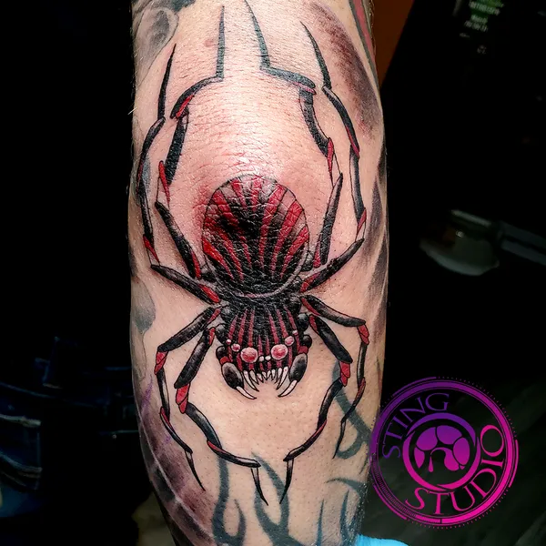 Spider elbow tattoo by Derrick at Sting Studio Ottawa
