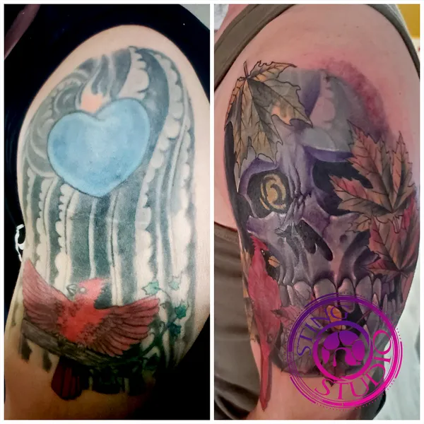 Skull coverup tattoo by Derrick at Sting Studio Ottawa