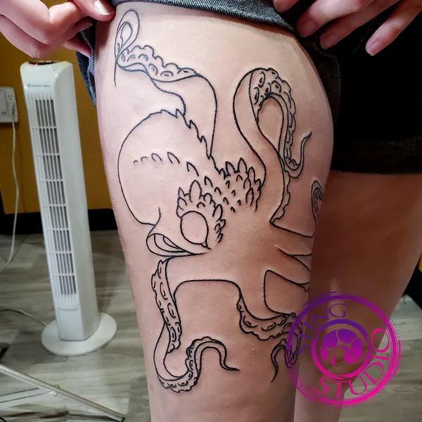 Incomplete octopus thigh tattoo by Derrick at Sting Studio Ottawa