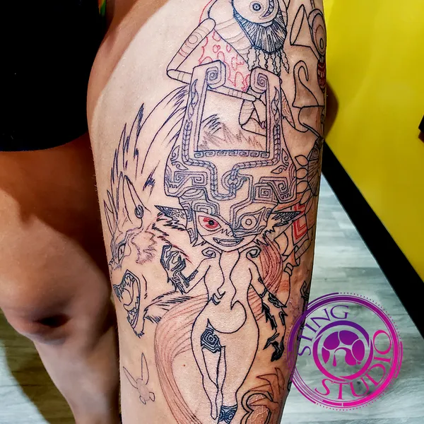 Legend of zelda linework thigh tattoo by Derrick at Sting Studio Ottawa