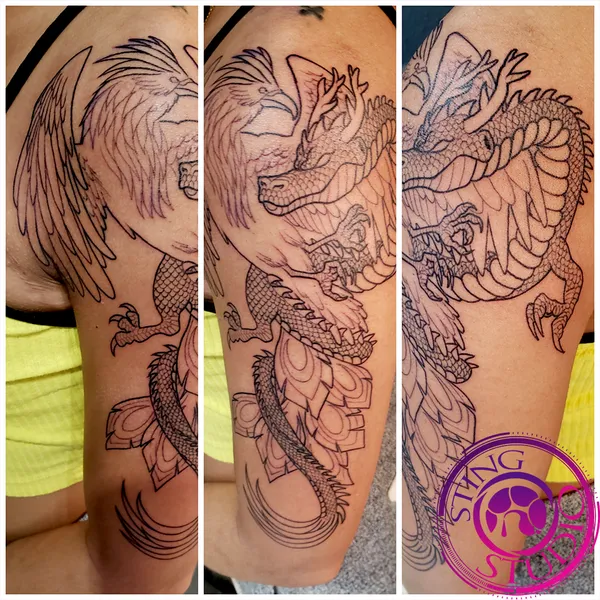 Dragon pheonix linework tattoo by Derrick at Sting Studio Ottawa