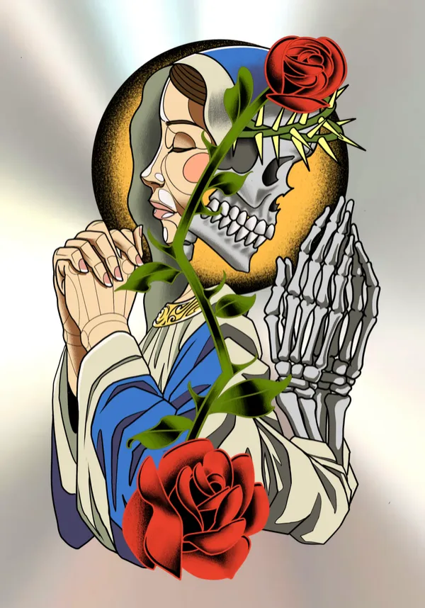 Neotrad jesus x virgin mary flash art by Derrick at Sting Studio Ottawa