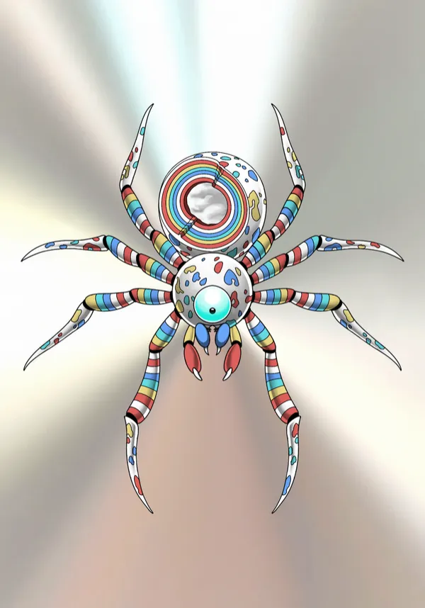 Tattoo flash of a spider with red, blue, yellow and white striped legs, a rainbow bullseye abdomen and a single turquoise eye, on a brushed-steel background. by Derrick at Sting Studio Ottawa