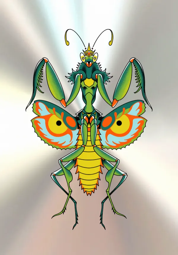 Symmetrical tattoo flash of a green praying mantis with orange and yellow moth wings bearing large eyespots, on a brushed-steel background. by Derrick at Sting Studio Ottawa
