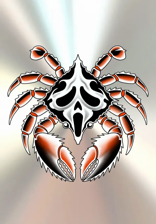 Tattoo flash of a crab whose shell is a Ghostface Scream mask, with orange-red and white shaded claws and legs, on a brushed-steel background. by Derrick at Sting Studio Ottawa
