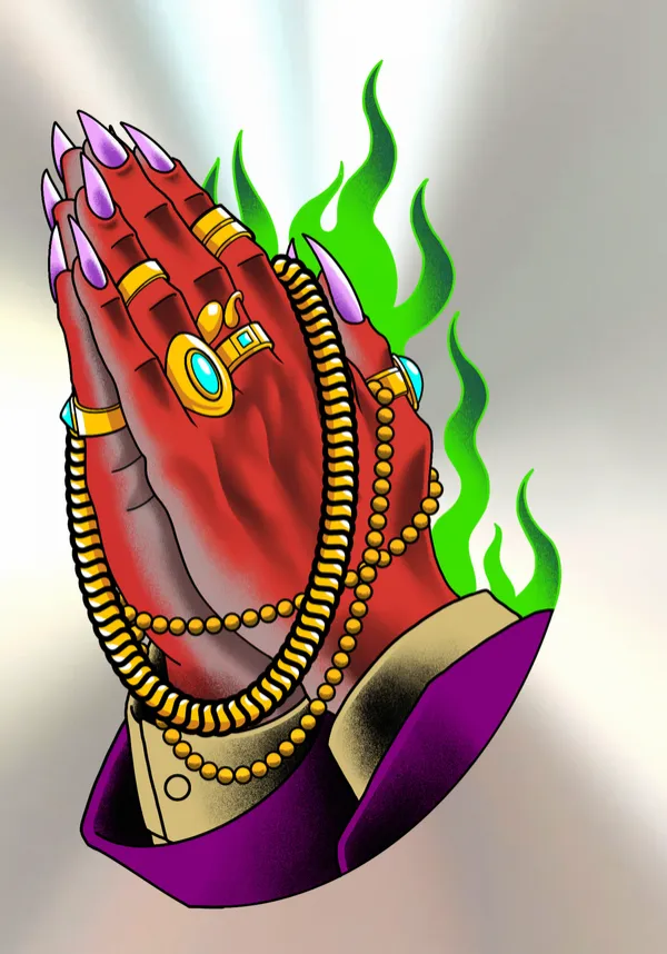 Tattoo flash of red devil praying hands with purple claw nails, gold rings and a rosary, green flames behind and a purple sleeve, on a brushed-steel background. by Derrick at Sting Studio Ottawa