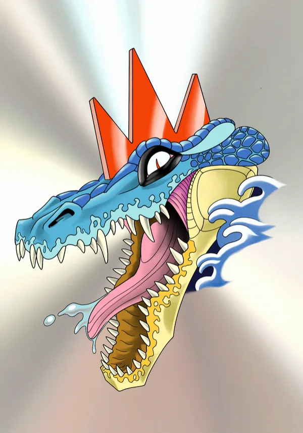 Tattoo flash of a roaring crocodile head with a spiked orange crown, blue scales, pink tongue and blue wave accents, on a brushed-steel background. by Derrick at Sting Studio Ottawa