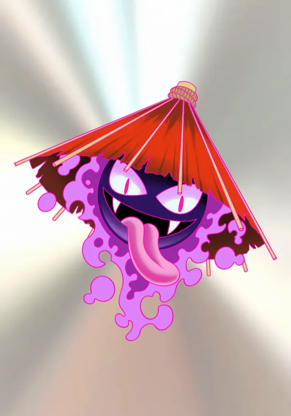 Tattoo flash of the Pokémon Gastly, a grinning purple ghost with its tongue out, under a red Japanese paper umbrella with purple smoke, on a brushed-steel background. by Derrick at Sting Studio Ottawa