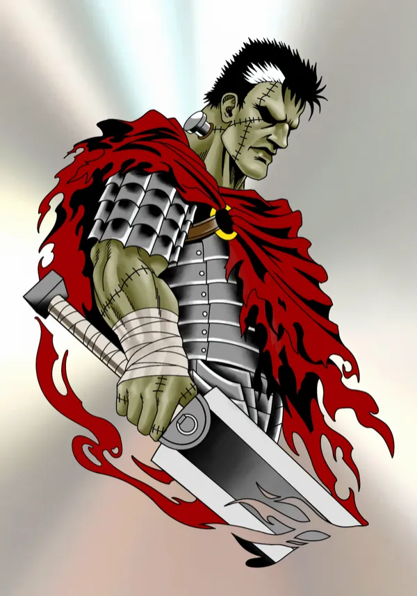 Tattoo flash of Guts from Berserk drawn as Frankenstein's monster, green-skinned with a neck bolt and stitches, in armour and a torn red cape, holding a huge sword, on a brushed-steel background. by Derrick at Sting Studio Ottawa