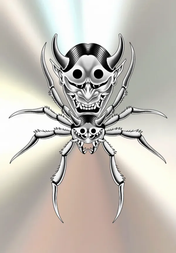 Black and grey tattoo flash of a spider whose body is a horned Japanese hannya mask, on a brushed-steel background. by Derrick at Sting Studio Ottawa