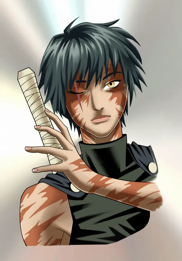 Colour tattoo flash of Maki Zen'in from Jujutsu Kaisen, with short dark hair, one eye closed and burn scars across her face and arm, holding a bandage-wrapped weapon over her shoulder, on a brushed-steel background. by Derrick at Sting Studio Ottawa