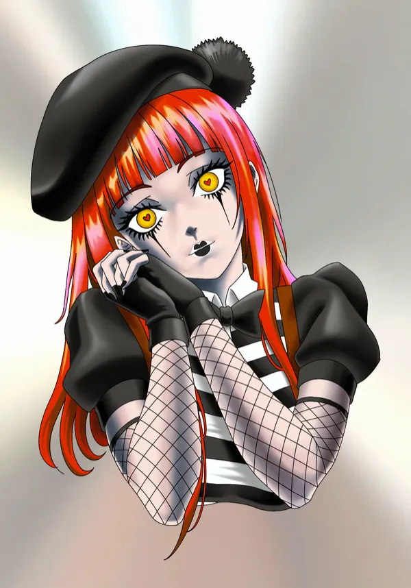 Tattoo flash of an anime mime girl in a black pom-pom beret, with red hair, gold eyes, mime face paint, fishnet sleeves and a striped top, resting her face on her hands, on a brushed-steel background. by Derrick at Sting Studio Ottawa