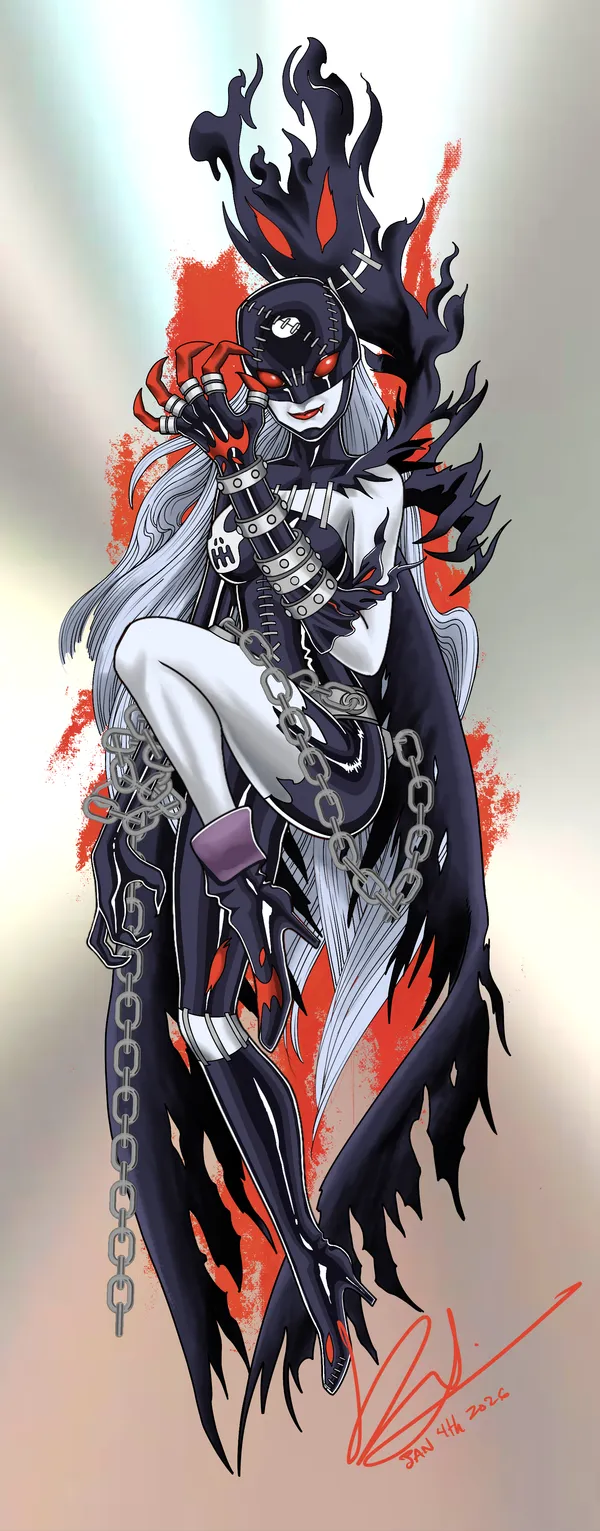 Tall tattoo flash of a pale woman with long silver hair, a dark masked hood and red eyes, wrapped in chains and a tattered black cloak with black flames, over red splashes on a brushed-steel background. Signed Jan 4th 2026. by Derrick at Sting Studio Ottawa