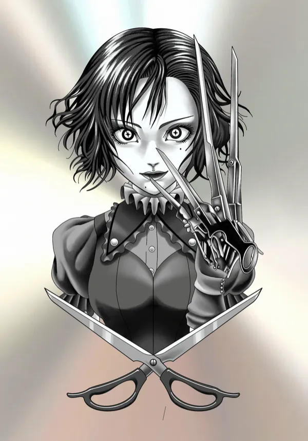 Black and grey tattoo flash of a short-haired anime girl with long blade fingers held to her face and large open scissors below, on a brushed-steel background. by Derrick at Sting Studio Ottawa