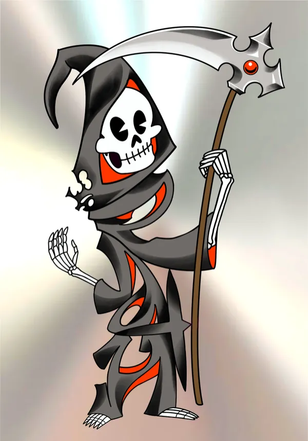 Tattoo flash of a cartoon grim reaper in a tattered black-and-red hooded robe with a skull face, waving a bony hand and holding a scythe, on a brushed-steel background. by Derrick at Sting Studio Ottawa
