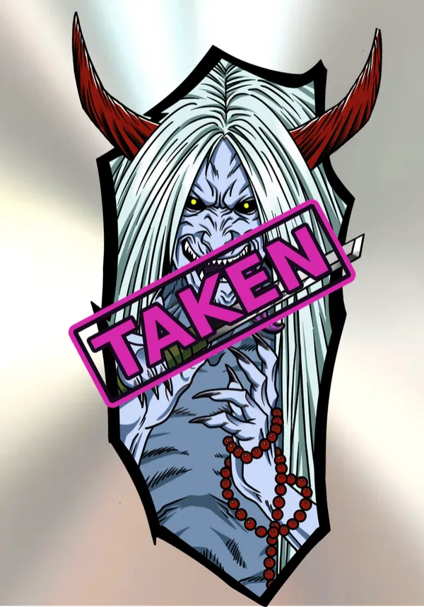 Horned demon woman tattoo flash on a brushed-steel background, stamped TAKEN because it has already been tattooed. by Derrick at Sting Studio Ottawa
