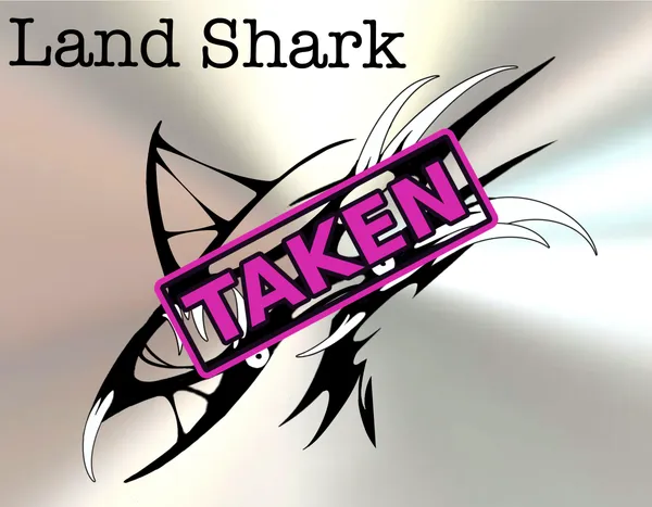Land Shark tattoo flash on a brushed-steel background, stamped TAKEN because it has already been tattooed. by Derrick at Sting Studio Ottawa