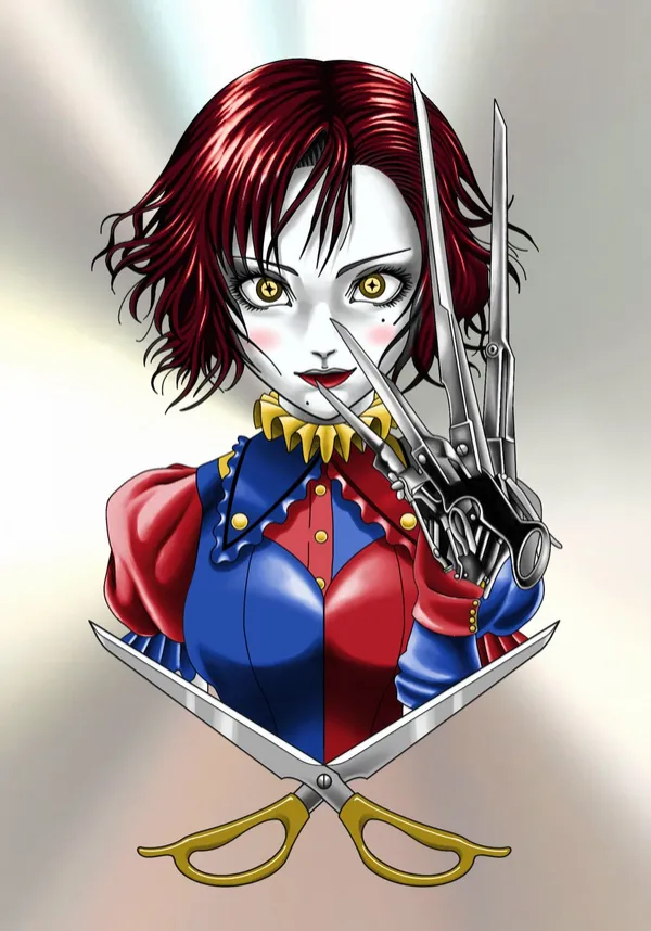 Edwina Scissorhands tattoo flash, full colour red blue and yellow jester version with crimson hair, yellow eyes and a harlequin red and blue outfit, Sting Studio Ottawa