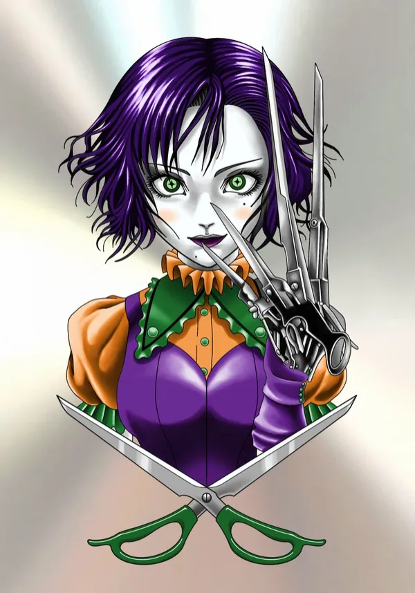 Edwina Scissorhands tattoo flash, full colour purple orange and green version with violet hair, green eyes and a purple corset over an orange blouse, Sting Studio Ottawa